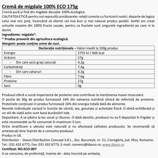 Cremă eco de migdale decojite 175g