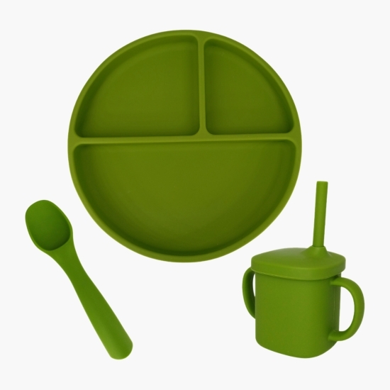 Set diversificare din silicon: farfurie rotundă compartimentată + linguriță + cană, verde