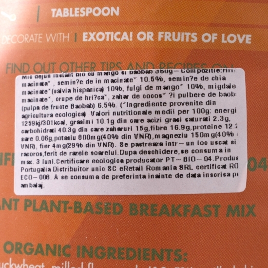 Mic dejun instant eco cu mango și baobab 360g
