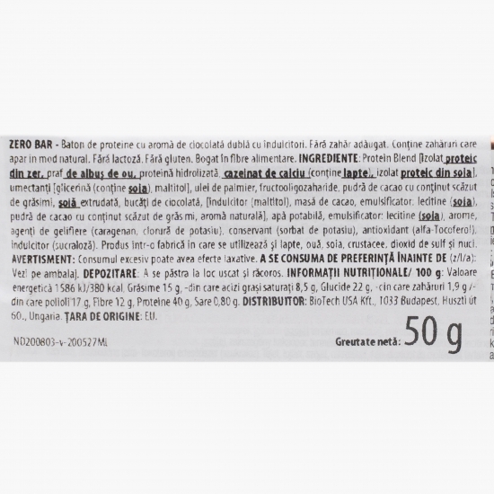 Baton proteic Double Chocolate fără gluten și fără zahăr 50g