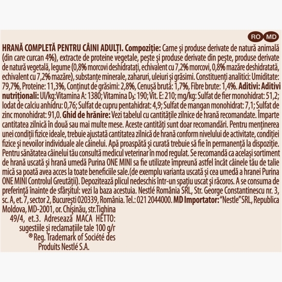Hrană umedă pentru câini mini, 100g, One controlul greutății, curcan și orez