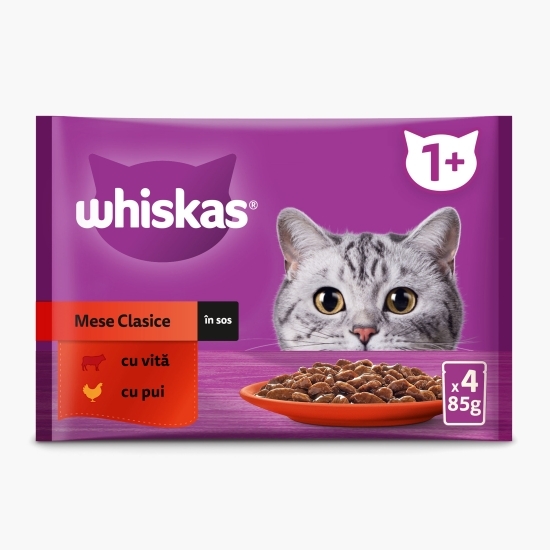 Hrană umedă pentru pisici adulte, 4 x 85g, Selecții clasice în sos de carne