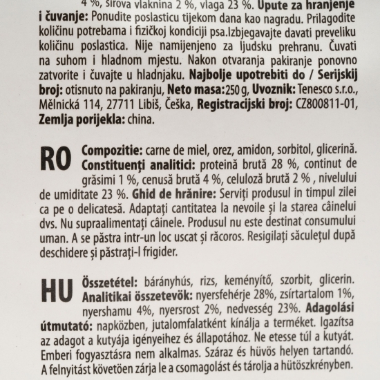 Recompense pentru câini, 250g, formă os, cu miel și orez