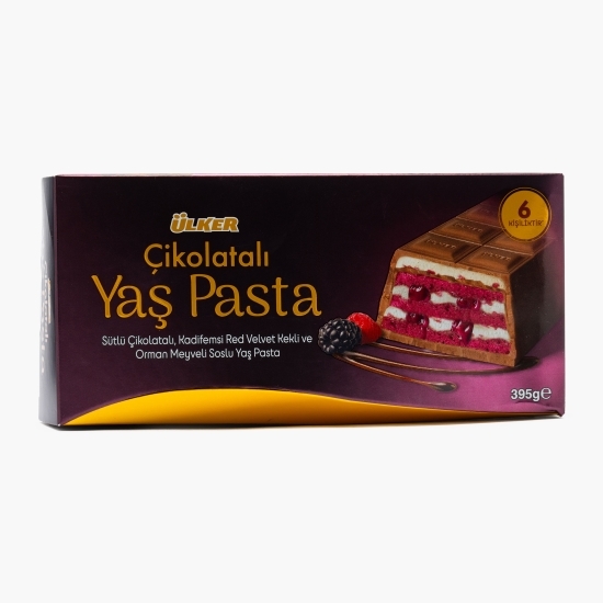 Prăjitură Red Velvet cu fructe de pădure, învelită în ciocolată cu lapte 395g