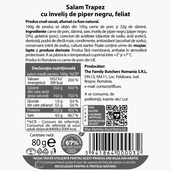 Salam Trapez cu înveliș de piper negru, feliat 80g