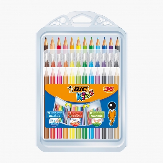 Pachet mixt pentru colorat: 12 x creioane colorate, 12 x markere de colorat și 12 x creioane cerate 