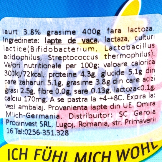 Iaurt fără lactoză 3,8% grăsime 400g