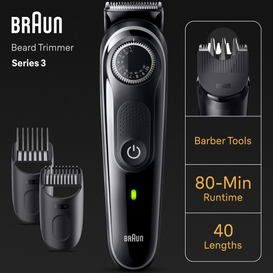 Aparat de tuns barba Beard Trimmer BT3440 Wet&Dry, buton rotativ de precizie, 40 de setări pentru lungime, 1 mini-aparat de ras, 2 piepteni de precizie, autonomie 80 minute, negru/gri