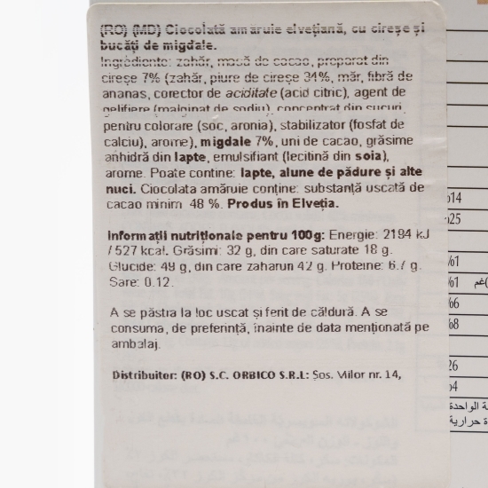 Ciocolată amăruie cu cireșe și bucăți de migdale 100g