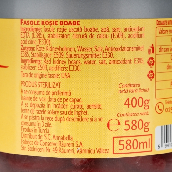 Fasole roșie boabe 580g