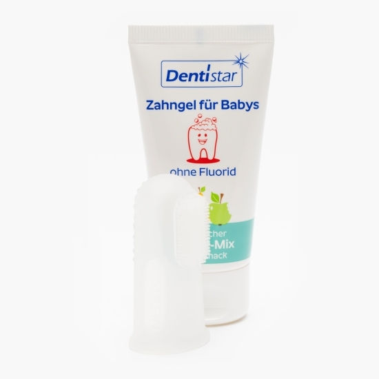 Set pastă de dinți pentru copii fără fluor bio 30ml + degetar moale din silicon, +3 luni 