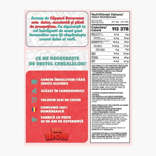 Cereale vegane cu aromă naturală de căpșuni, cu 35% proteină, fără zahăr, low carb, fără gluten 250g