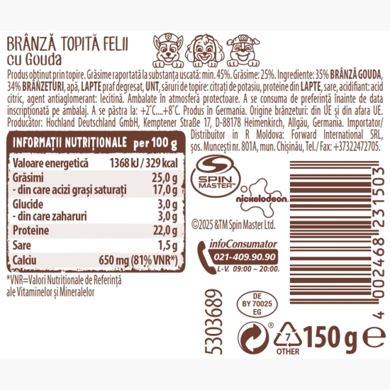 Brânză topită felii cu Gouda Paw Patrol 150g
