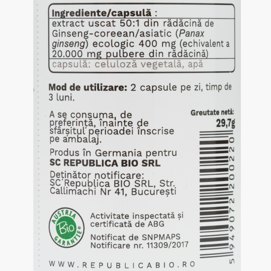 Ginseng Panax ecologic extract 50:1 400mg, 60 capsule vegetale