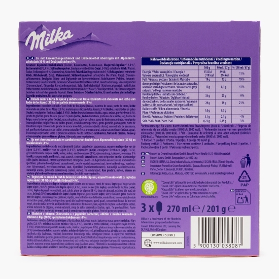Înghețată cu aromă de cheesecake și sorbet de căpșuni 3x90ml (3x67g)