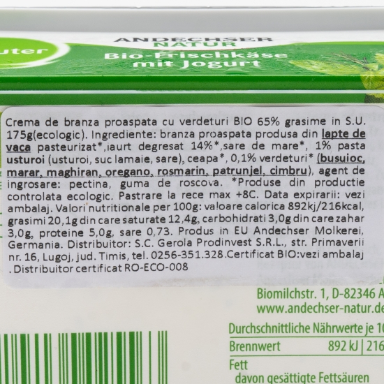 Cremă de brânză proaspătă eco cu verdețuri 65% grăsime 175g