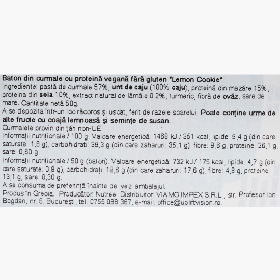 Baton proteic din curmale Lemon Cookie, fără zahăr adăugat 50g