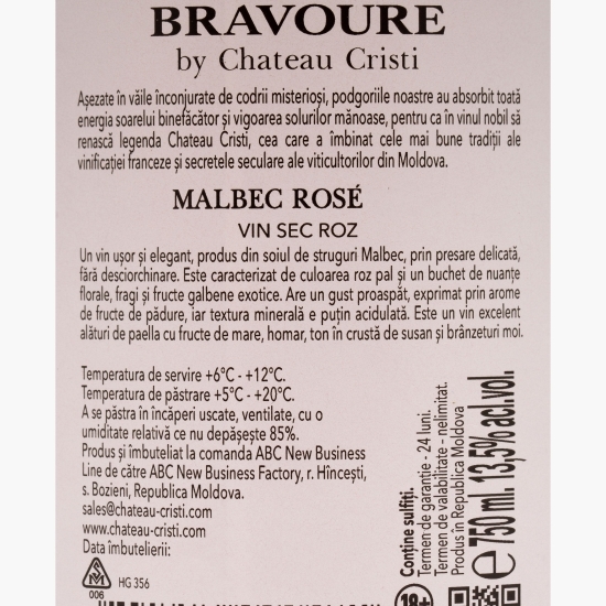 Vin rose sec Malbec Bravoure, 13.5%, 0.75l