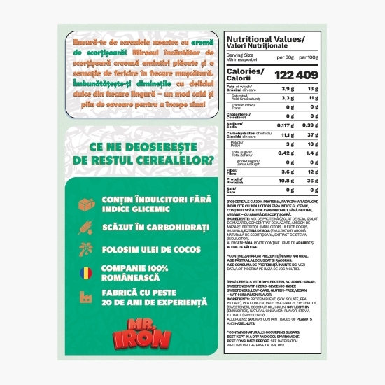 Cereale vegane cu scorțișoară, cu 30% proteină, fără zahăr, low carb, fără gluten 250g
