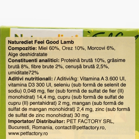 Hrană umedă pentru câini, pate, 390g, Feel Good cu miel, orez și morcov