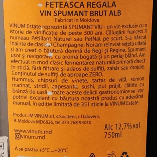 Vin spumant viu alb brut Fetească Regală, 12.7%, 0.75l