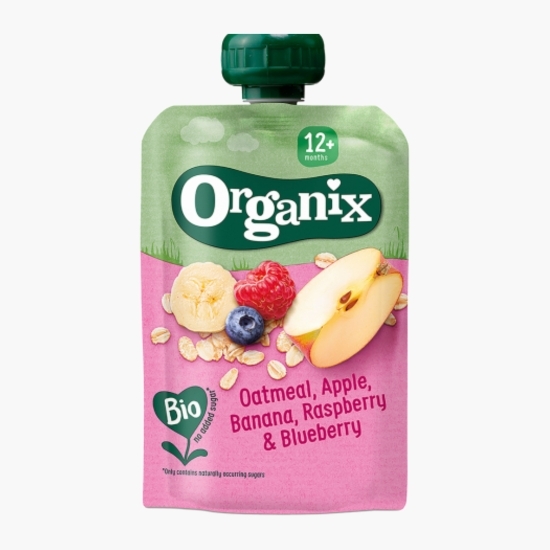 Piure ecologic de ovăz, mere, banane, zmeură și afine, 12+ luni, 100g