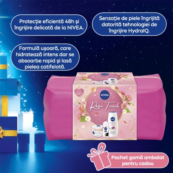 Set cadou geantă: cremă de corp Soufflee Cherry 200ml + gel de duș Care&Roses 250ml+ deodorant roll-on feminin Black&White Clear 500ml