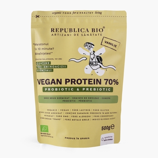  Pulbere proteică ecologică Vegan Protein 70%, cu gust de vanilie, 500g
