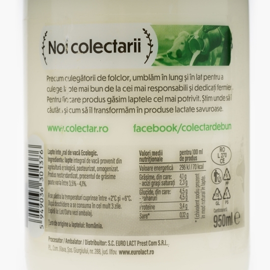 Lapte de vacă integral eco 3.5%-4.1% grăsime, 950ml