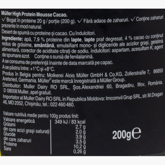 Mousse High Protein cu ciocolată, fără zahăr 200g