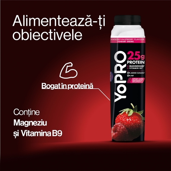 Iaurt de băut cu gust de căpșuni și zmeură, bogat în proteine, fără zahăr adăugat, 0.5% grăsime, 300g