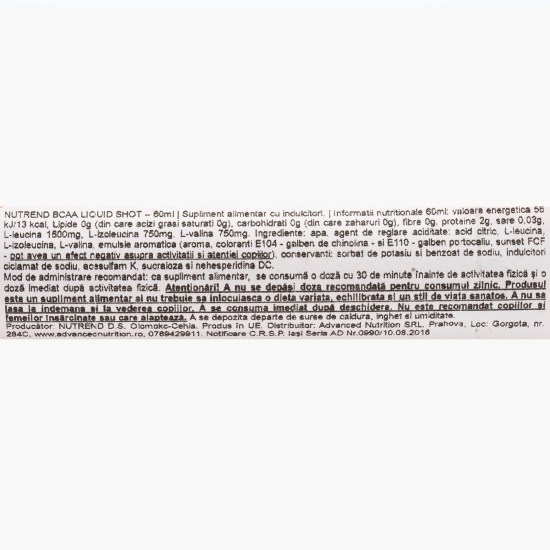 BCAA shot lichid, fără zahăr adăugat, 60ml