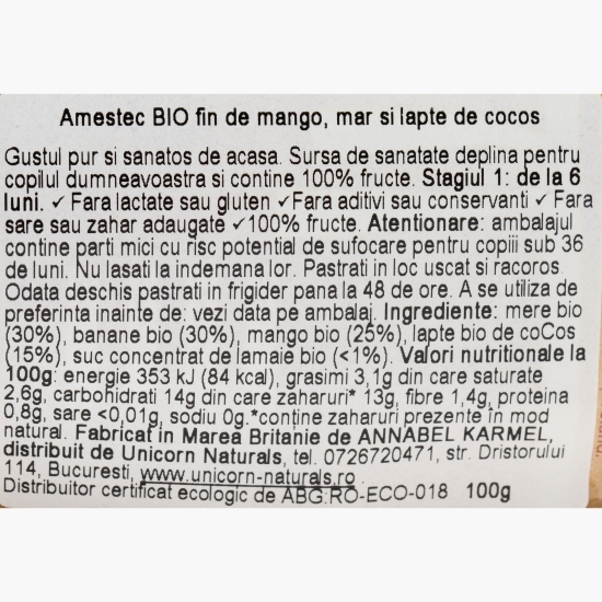 Piure eco din mango, măr și lapte de cocos, pentru copii 6+ luni, 100g