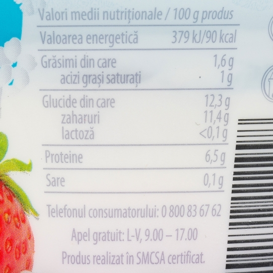 Iaurt cu căpșuni fără lactoză, 1.6% grăsime, 150g