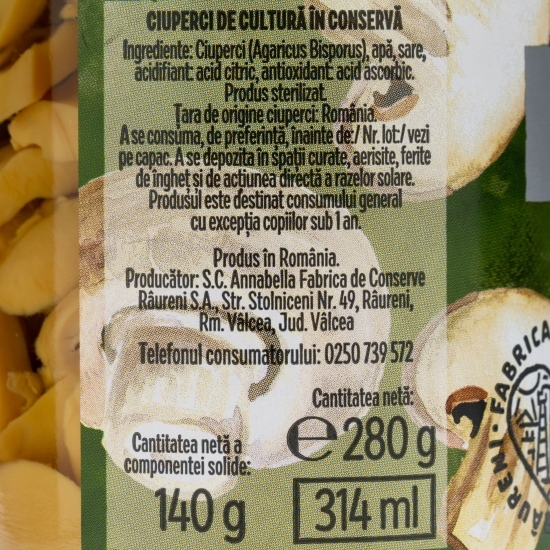 Ciuperci tăiate în saramură 280g