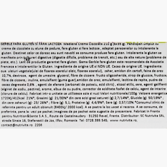 Madlene cu cremă de ciocolată, fără gluten și lactoză, 6x35g