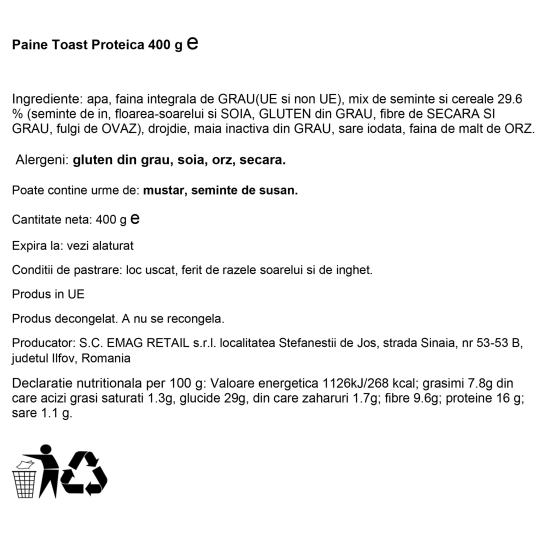 Pâine toast proteică 400g