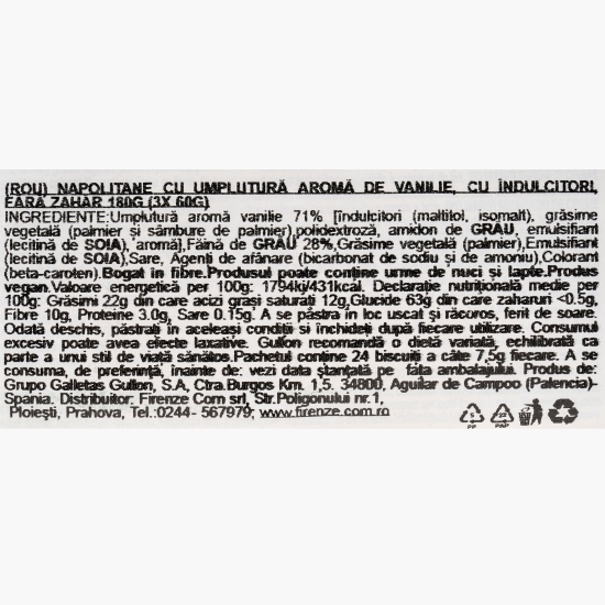 Napolitane cu umplutură aromă de vanilie, fără zahăr adăugat 180g