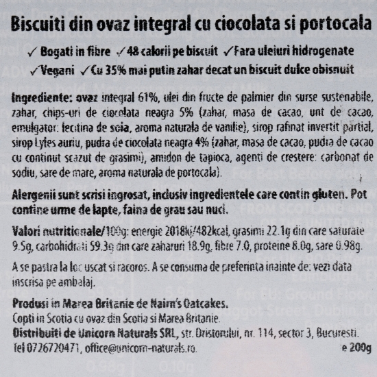 Biscuiți ovăz integral cu ciocolată și portocală cu 35% mai puțin zahăr 200g