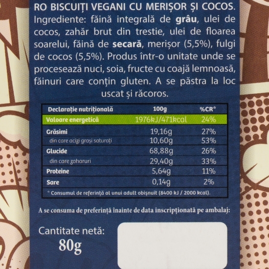 Biscuiți vegani cu merișor și cocos 80g