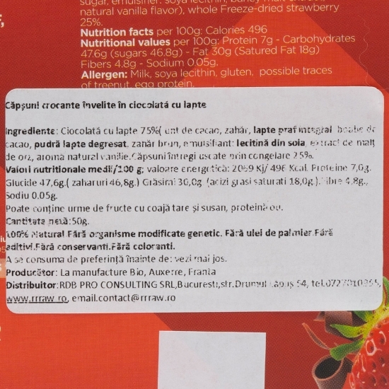 Căpșuni liofilizate învelite în ciocolată cu lapte 50g