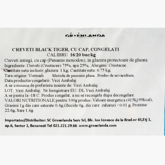 Creveți întregi Black Tiger 16/20, 1kg