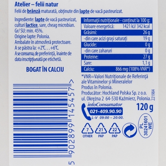 Brânză maturată felii natur Atelier 120g