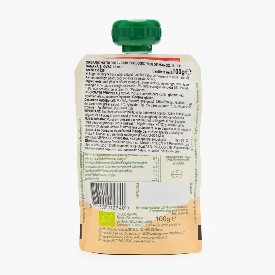Piure ecologic de mango, iaurt, banană și ovăz 12+ luni 100g