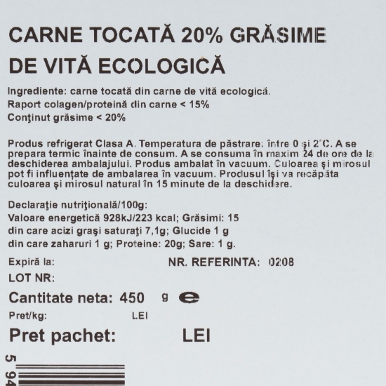 Carne de vită tocată 20% grăsime, eco, 450g