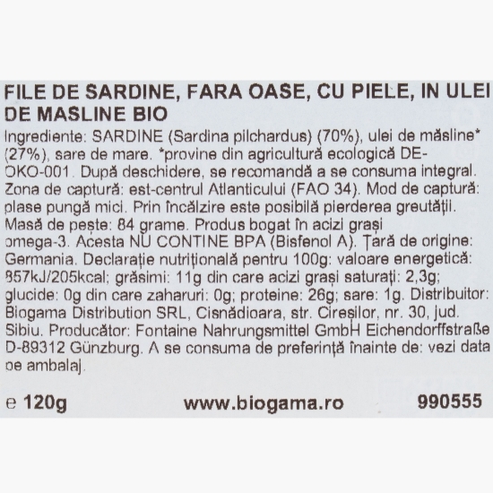 Sardine fără oase, în ulei de măsline eco, 120g