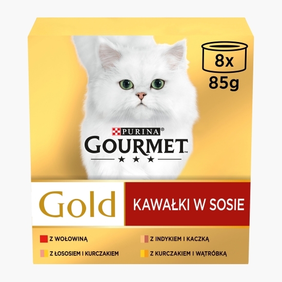 Hrană umedă pentru pisici Gourmet Gold, 8x85g, mix de arome (vită, somon & pui, curcan & rață, pui & ficat)