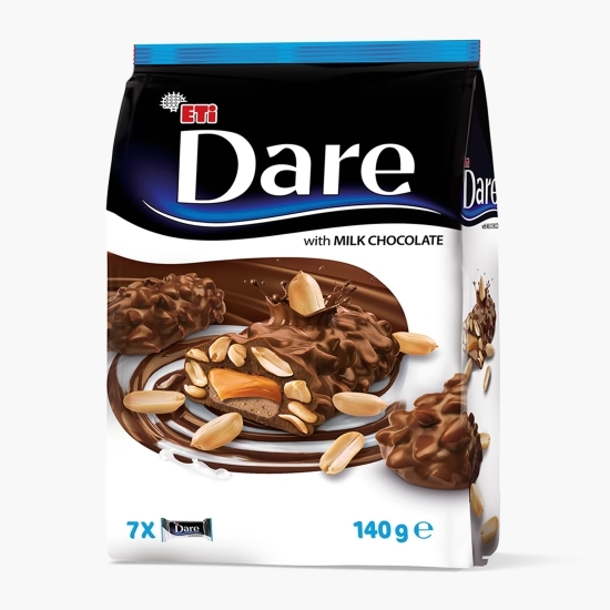 Mini batoane cu interior de nuga și caramel învelit în bucăți întregi de arahide și glazură de ciocolată cu lapte 140g