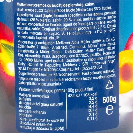 Iaurt cu bucăți de piersici și caise 500g