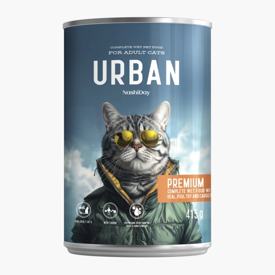 Hrană umedă NashiDay Cat Premium pentru pisici cu carne de vânat, pui și morcov, 415g
